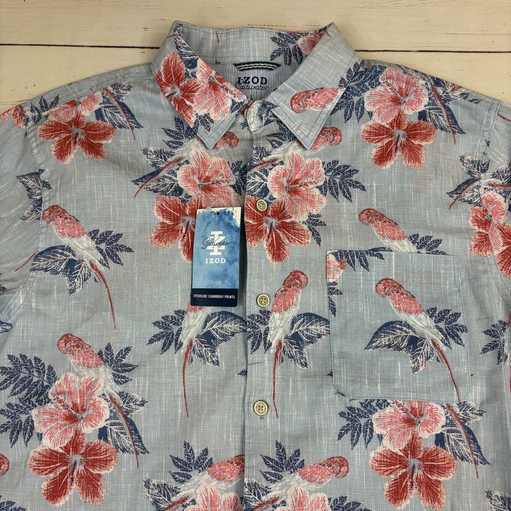 IZOD Saltwater Shirt Mens L Blue Floral Parrot Hawaiian Chambray Short Sleeve